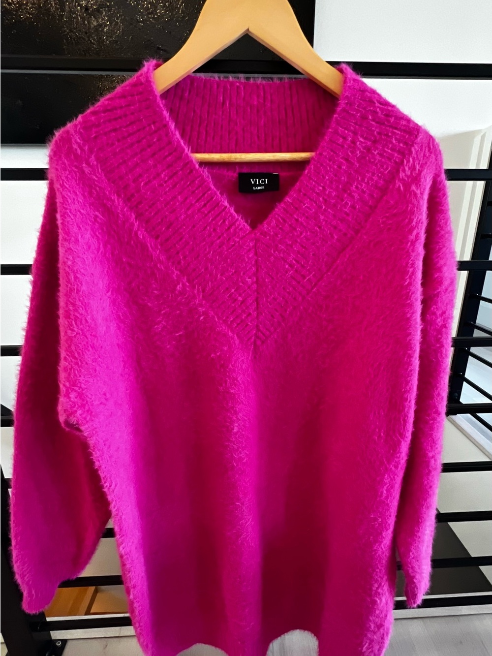Vici Hot Pink Fuzzy V-Neck Sweater